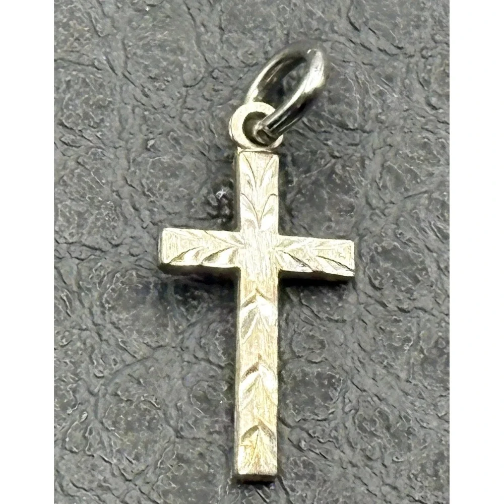 Dainty Sterling Silver Cross Etched Vintage Religious Small Charm Or Pendant